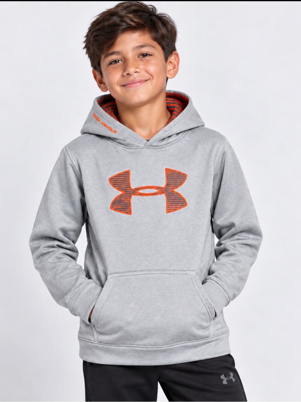 Under Armour ColdGear Boy’s YM Gray Hoodie with Orange Logo and Lined Hood